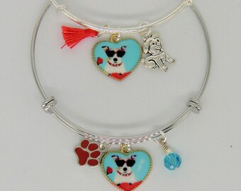 Dog in sunglasses bangle, doggie bracelets, aqua and red dog with rose in heart bangles, stackable heart bangles, canine lovers, sunglasses