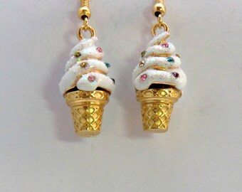 SALE! Ice cream cone earrings, fun dip cone earrings white gold sparkle rhinestone earrings, summer food charm earrings gifts under 20