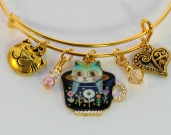 Teacup cat bangle, gold and pink enamel kitty heart tea time bangles, flower green cat felines, cat face stacking bracelets, black flower