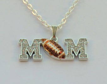 Mom Rhinestone football charm necklace, football charm jewelry, mother necklaces, sports jewelry, charm necklaces, rhinestone necklaces