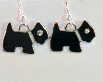 SALE! Scottie dog earrings, black enamel scotty pup earrings, black dog and rhinestone earrings, Scottish terrier dog lovers jewelry puppy