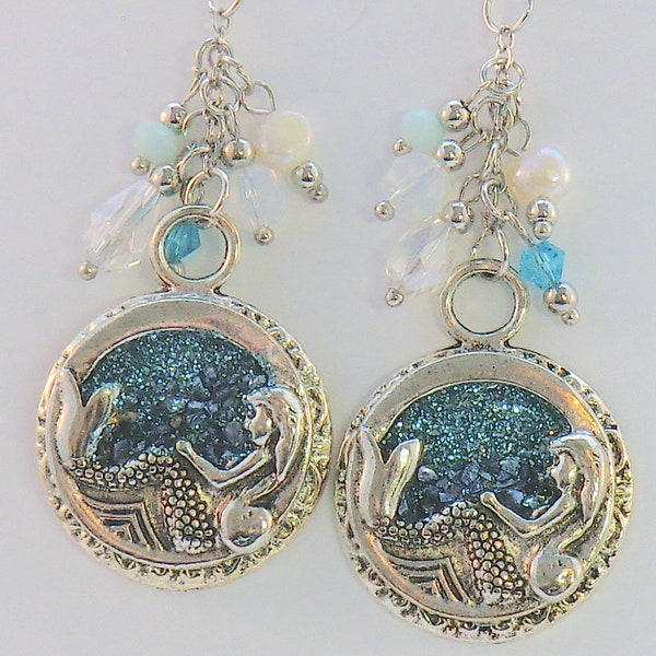 Long mermaid earrings, aqua glitter faux druzy antique silver round mermaid, blue sea ocean jewelry, beach jewelry pearl crystal sea