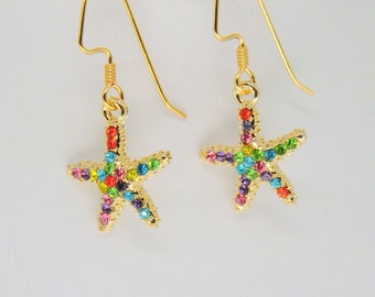 Multi color star earrings, tiny celestial rainbow color rhinestone star earrings, boho colorful, gold star earring, patriotic, gypsy earring