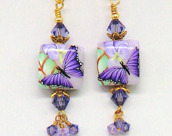 SALE! Purple butterfly earrings, artisan polymer swarovski beaded earrings square boho gypsy earring flower earrings, garden floral earrings