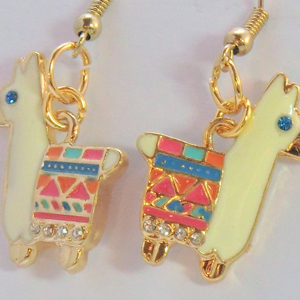 Llama charm earrings, multi color enamel alpaca charm earrings, cream and gold rhinestones animal jewelry, girls women gifts under 20