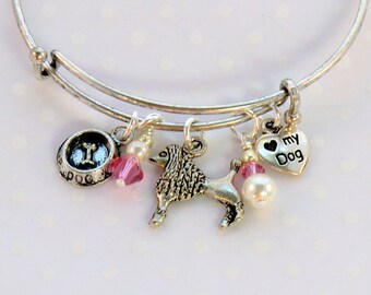 Poodle dog bangle, pink and cream heart adjustable French poodle charm stackable bracelet, I Love My Dog charm, silver pink, food dish