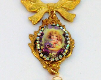 Vintage child cameo necklace, purple and gold bow, Victorian child necklace, ribbon bow rhinestone necklaces, tassel necklaces, assemblage