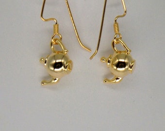 Tiny gold teapot earrings, tea time earrings, teapot jewelry, 3D teapots