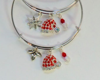 Rhinestone Santa hat bangles, red and white Christmas bracelets, Santa Claus jewelry, star and holly charm bracelets, gifts under 20, hats