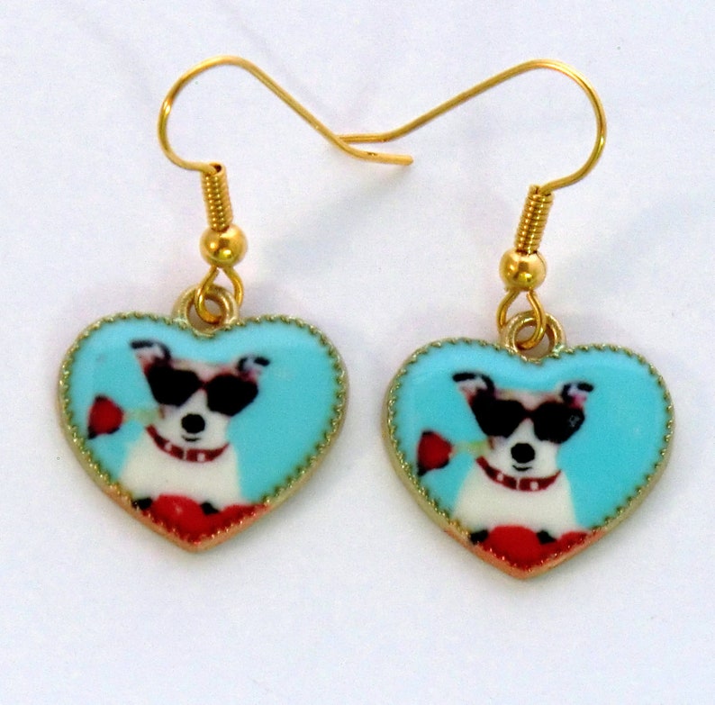 Dog earrings, dogs in sunglasses, aqua and white doggie earrings, dog heart earrings, gold and green heart earrings, sunglass earrings image 1