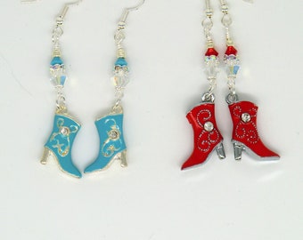 SALE! Cowgirl boot earrings, turquoise blue enamel boot earrings swarovski crystals southwestern girl boot earring cowboy western wear