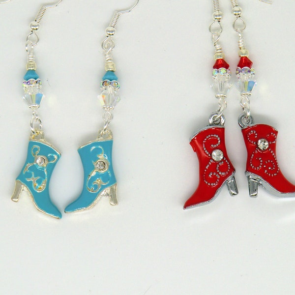 SALE! Cowgirl boot earrings, turquoise blue enamel boot earrings swarovski crystals southwestern girl boot earring cowboy western wear