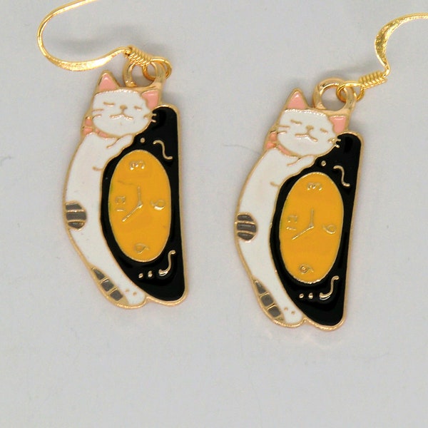 SALE! Sleepy kitty earrings, black and white enamel cat and clock earrings, sleeping cat lovers earrings, yellow clock, cat napping on clock