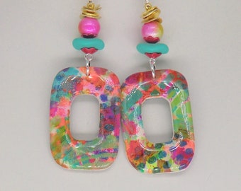 Wild color boho earrings, open rectangular artisan resin earrings, aqua pink and gold ruffle earrings, gypsy dangle earrings flower earrings