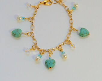 SALE! Turquoise heart bracelet, aqua swarovski crystal and pearl dangle bracelet, gold heart charm bracelets, blue jewelry