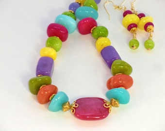 Candy jade boho necklace and earring set, bright colors chunky glam, 24k gold magenta, lime, aqua purple orange agate, yellow set