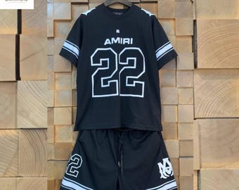 Black Sports Two Piece Set, Graphic Number Outfit, Casual Streetwear Matching Set
