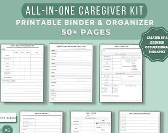 Pode incluir: Um kit completo para cuidadores com páginas de encadernação e organizador para impressão. O kit inclui uma lista de verificação diária de autocuidado, um diretório de provedores de saúde, um registro de cuidados diários, um perfil médico, sinais vitais diários e uma programação diária.