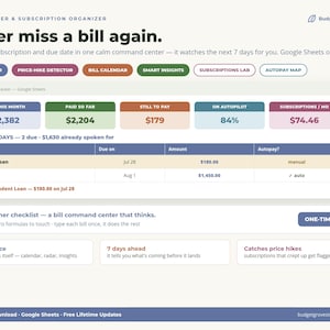 Bill Tracker Google Sheets, Monthly Bill Payment Planner, Bill Calendar Spreadsheet, Subscription Tracker & Organizer, Due Date Reminder