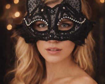 Máscara de encaje de gato y zorro, máscara de media cara para mascarada con diamantes de imitación, máscara de fiesta estilo veneciano para Halloween, Navidad, cosplay, bodas, graduaciones.