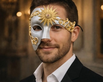 Máscara veneciana de media cara con diseño de rayos de sol, elaborada con ornamentación barroca para Halloween, Mardi Gras, fiestas y espectáculos con temática de ópera.