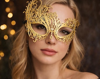 Elegante máscara de filigrana de fénix, máscara metálica de media cara con diamantes de imitación, accesorio de lujo para disfraces de Halloween, Mardi Gras y bodas.