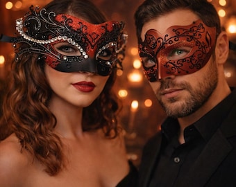 Juego de 2 máscaras de carnaval para parejas, máscaras de media cara estilo veneciano para hombres y mujeres, ideales para fiestas de Halloween, bailes de graduación y cosplay con filigrana de metal.