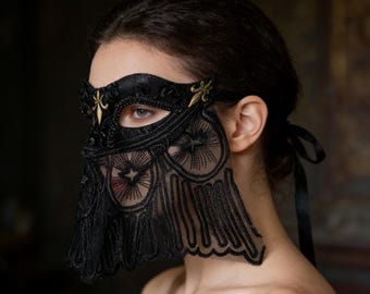Máscara gótica de encaje hecha a mano que cubre todo el rostro, máscara de mascarada con borlas para Halloween, cosplay, fiestas, actuaciones en el escenario y sesiones de fotos.