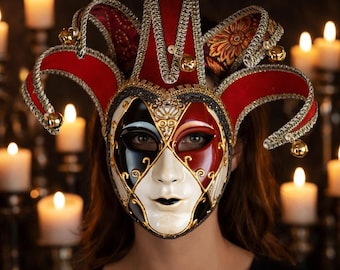 Glamurosa máscara de bufón veneciano de rostro completo, elegante accesorio de disfraz para Halloween, fiestas temáticas, carnavales, ópera y eventos artísticos.