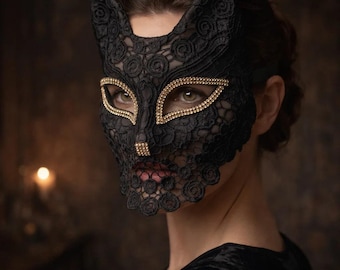 Máscara de encaje hecha a mano con forma de gato y zorro, máscara facial completa con diamantes de imitación para Halloween, cosplay, fiestas navideñas, escenarios y sesiones de fotos.