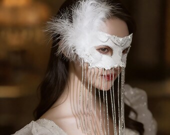 Máscara de encaje con plumas y diamantes de imitación, antifaz nupcial con detalles florales, máscara veneciana para fiestas de Halloween y graduaciones.
