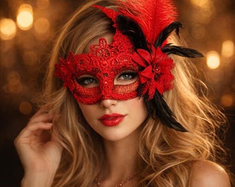 Máscara veneciana hecha a mano, máscara de media cara con encaje, plumas y flores para Halloween, Carnaval, fiestas, cosplay y sesiones de fotos de bodas.