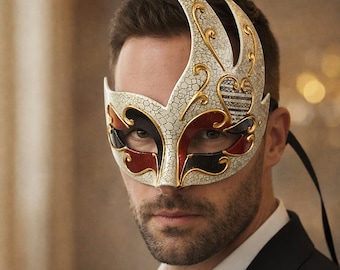 Máscara veneciana con efecto de llamas craqueladas, media cara con detalles dorados, ideal para Halloween, Mardi Gras, cosplay, fiestas temáticas y espectáculos.
