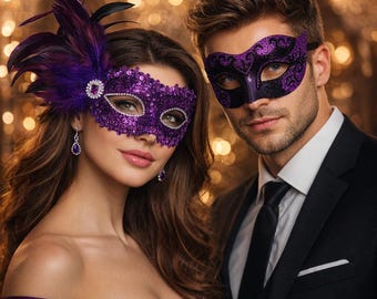 Juego de 2 máscaras de carnaval hechas a mano con plumas y lentejuelas, máscara veneciana de media cara para parejas, Halloween, Carnaval, fiestas y sesiones de fotos de bodas.