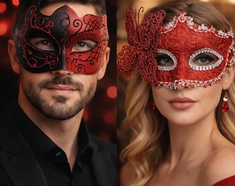 Conjunto de máscaras de carnaval para parejas, máscara veneciana de encaje con mariposas para ella y máscara con purpurina para él, ideal para Halloween, carnaval, fiestas y bodas. Paquete de 2 unidades.