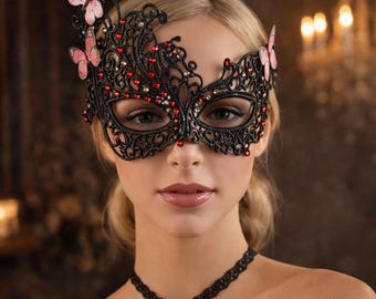 Máscara de encaje hecha a mano con estampado de mariposa y media máscara con pedrería, ideal para Halloween, fiestas, juegos de rol y fotografía de bodas.