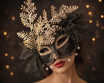 Máscara de carnaval negra y dorada hecha a mano con perlas, máscara de media cara estilo veneciano para mujer, accesorio para disfraz de fiesta de Halloween, baile de graduación o cosplay