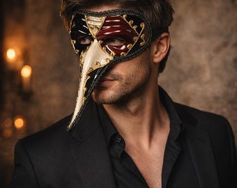 Máscara veneciana de médico de la peste con nariz larga, máscara de media cara para mascarada con detalles dorados, ideal para Halloween, Mardi Gras, cosplay y fiestas temáticas.