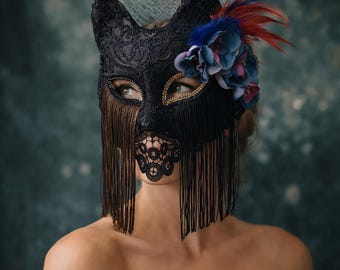 Máscara de gato y zorro de encaje negro hecha a mano, máscara para fiesta de disfraces con pluma y flor, máscara gótica veneciana para cosplay de Halloween, actuación en el escenario