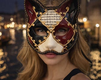 Máscara de gato veneciana, máscara de animal de media cara para Halloween, Mardi Gras, cosplay, fiesta temática, máscara de ópera con detalle de nota musical.