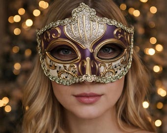 Elegante máscara veneciana de media cara para mascarada, con detalle de notas musicales y ribete dorado, ideal para Halloween, Mardi Gras, fiestas temáticas de cosplay, ópera y bodas.