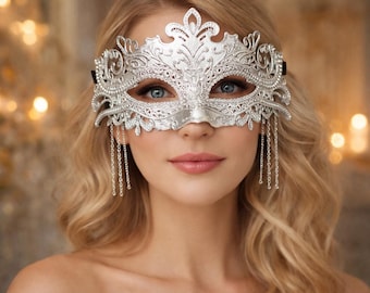 Máscara de filigrana de lujo con cadenas de borlas, máscara de media cara con diamantes de imitación para Halloween, Mardi Gras, bodas, bailes de graduación y fiestas temáticas.