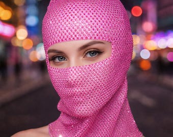Máscara facial completa de malla con pedrería, pañuelo de red brillante para la cabeza, máscara de esquí con brillo para fiestas, Halloween, conciertos, cosplay y accesorios de moda.
