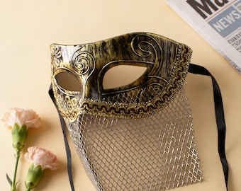 Máscara de carnaval vintage dorada y negra con velo de malla, máscara de media cara estilo veneciano hecha a mano, ideal para fiestas de Halloween, actuaciones en el escenario y cosplay.