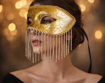Máscara de carnaval con borla de diamantes de imitación, máscara veneciana vintage de media cara para cosplay, fiestas, actuaciones en el escenario y sesiones de fotos al estilo Dunhuang.