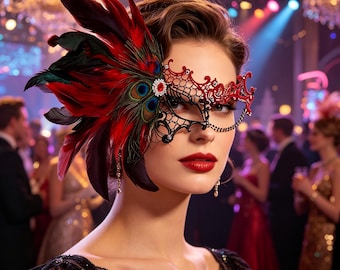 Máscara de encaje con plumas de pavo real hecha a mano, máscara veneciana de media cara para mujer, máscara de Halloween, accesorio para disfraz de fiesta.