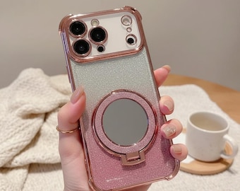 iPhone Hülle mit Farbverlauf Glitzer und Spiegel Halter, stoßfeste TPU Abdeckung für Pro Max