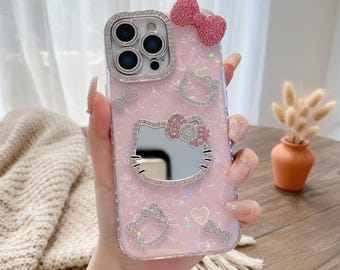 Hello Kitty Glitzer Handyhülle mit 3D Cartoon Spiegel, stoßfeste Hardcover für iPhones