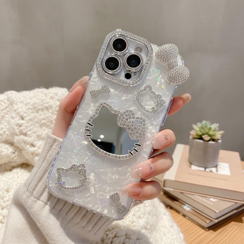 Hello Kitty Glitzer Handyhülle mit 3D Cartoon Spiegel, stoßfeste Hardcover für iPhones Bild 4