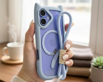 Katzenohr MagSafe iPhone Hülle, klare stoßfeste TPU PC Abdeckung mit Handschlaufe